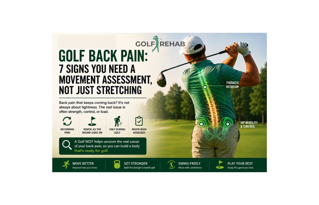Illustration of a golfer with highlighted spine and pelvis showing how movement assessment can help identify the causes of golf back pain.