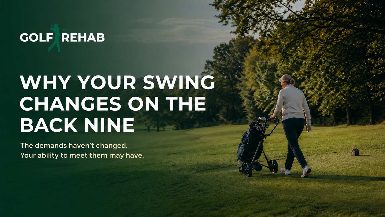 Female golfer pushing her trolley towards the 16th tee during the later stages of a round.